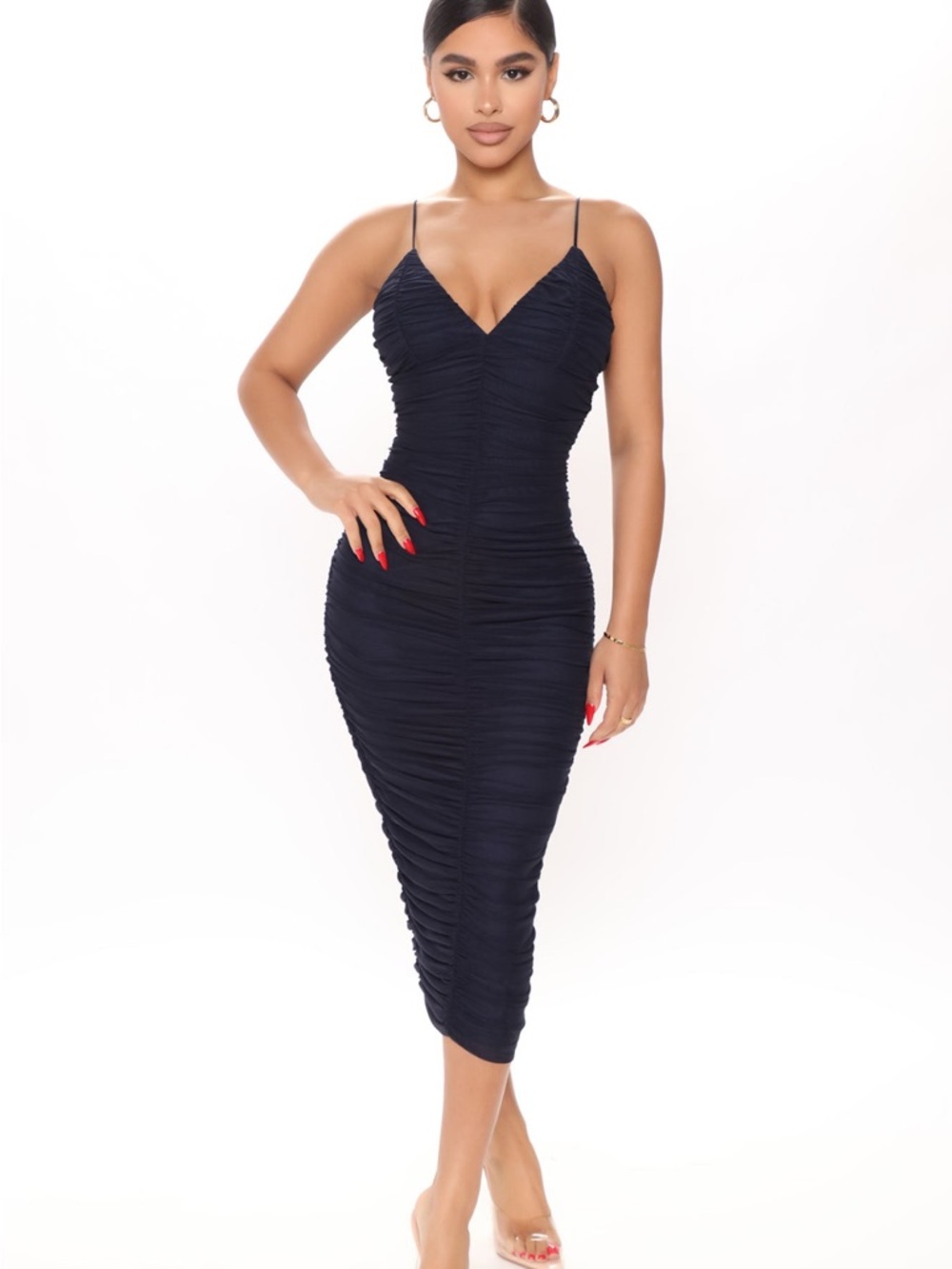 Fashion Nova Navy Ruched Spaghetti-Strap Midi Dress